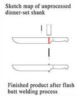 Sketch map of unprocessed dinner-set shank. Finished product after flash butt welding process.